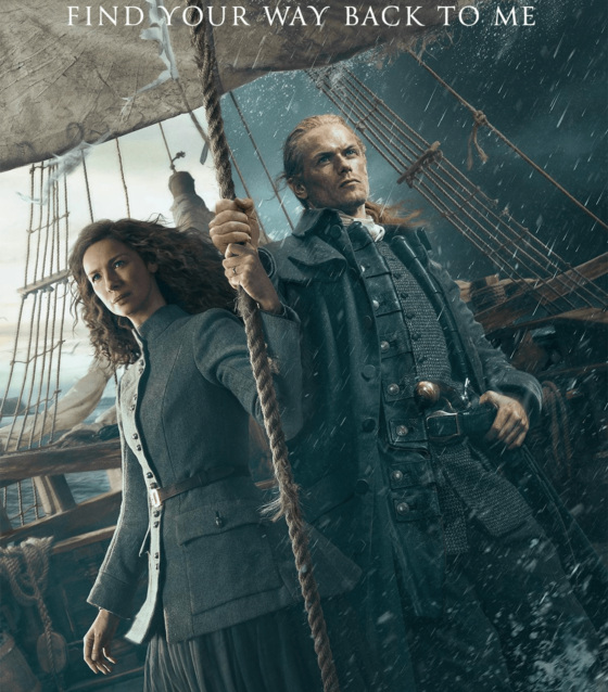 Outlander poster: A man and woman stand on a ship in a storm with crashing waves. The man holds a rope. Text reads 'FIND YOUR WAY BACK TO ME' and 'OUTLANDER'.
