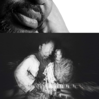 Black and white diptych: Top shows a close-up portrait of a man with glasses and a beard; bottom shows two men playing guitars, blurred by motion.
