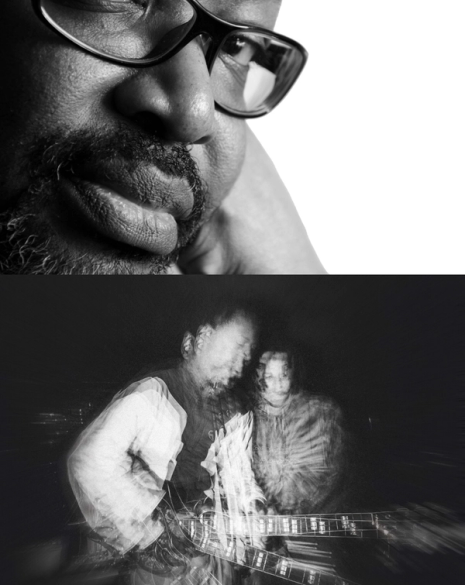 Black and white diptych: Top shows a close-up portrait of a man with glasses and a beard; bottom shows two men playing guitars, blurred by motion.