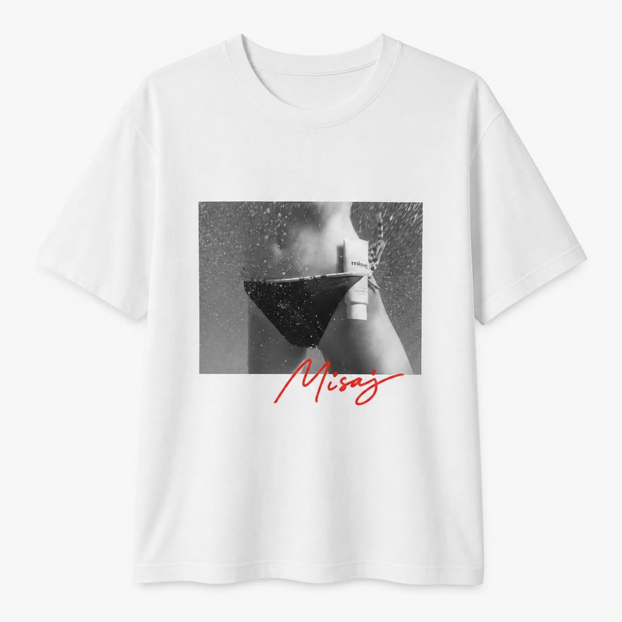 White t-shirt with a monochrome image of a wet person's midsection wearing a dark bikini bottom, and red "Misaj" text.