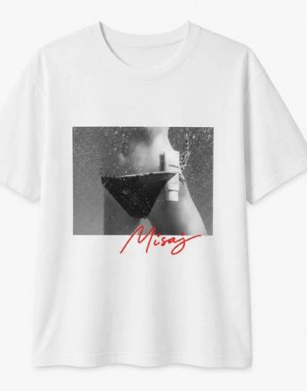 White t-shirt with a monochrome image of a wet person's midsection wearing a dark bikini bottom, and red "Misaj" text.