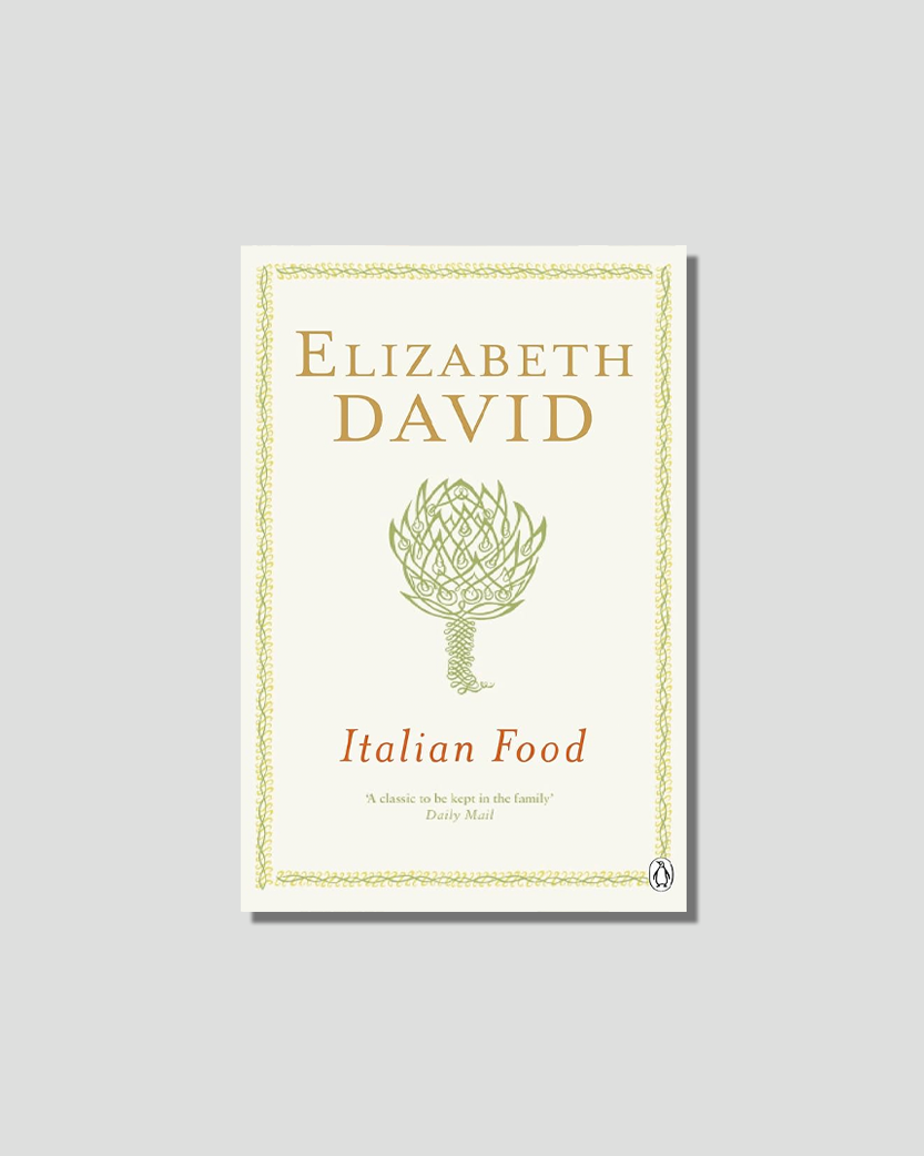 Book cover for "Italian Food" by Elizabeth David, featuring a green artichoke design and decorative border on a light background.