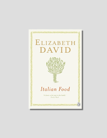 Book cover for "Italian Food" by Elizabeth David, featuring a green artichoke design and decorative border on a light background.