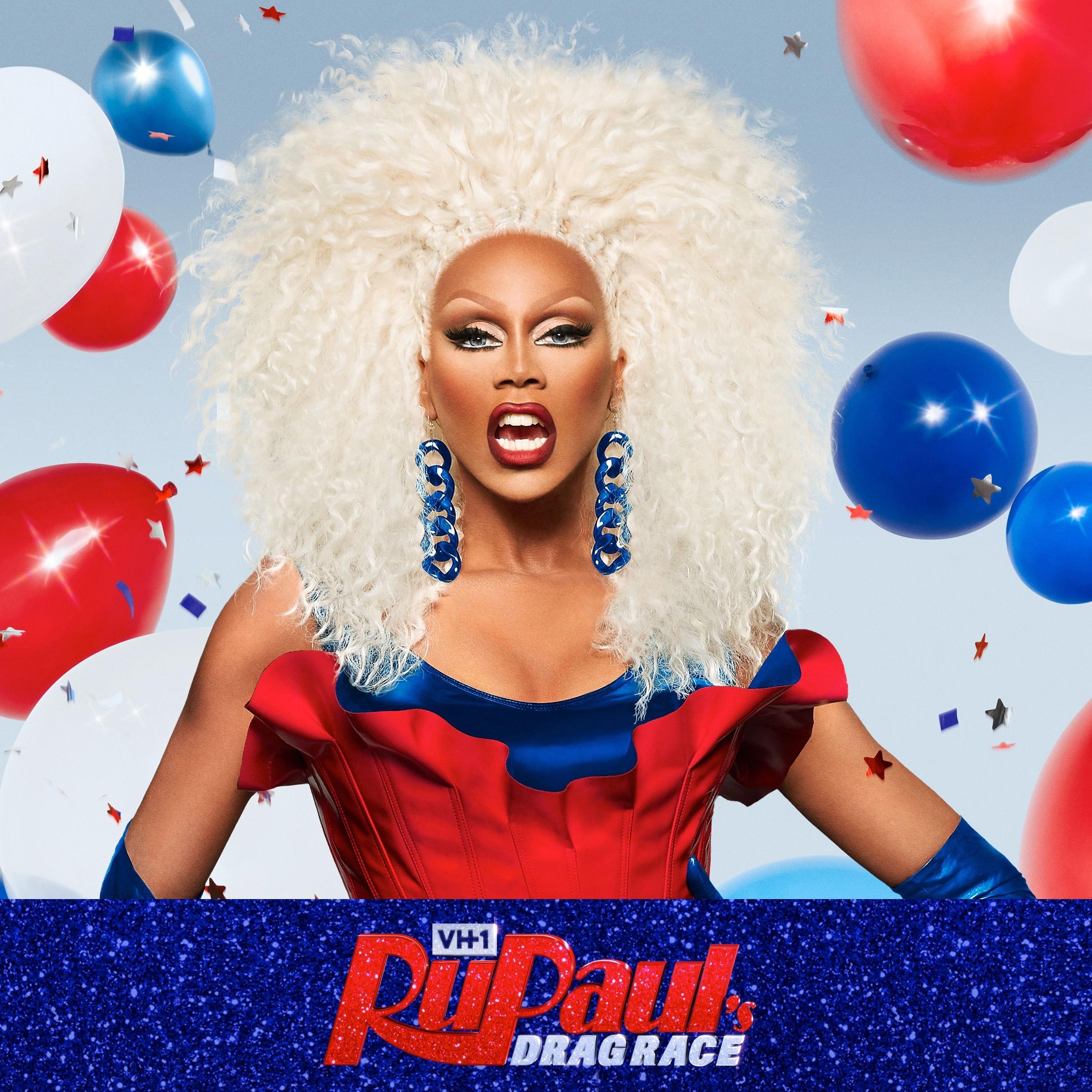 RuPaul in a red and blue outfit, large white curly wig, and blue chain earrings, surrounded by red, white, and blue balloons and confetti, with the RuPaul's Drag Race logo below.