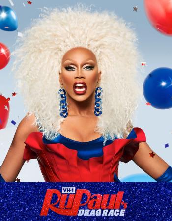 RuPaul in a red and blue outfit, large white curly wig, and blue chain earrings, surrounded by red, white, and blue balloons and confetti, with the RuPaul's Drag Race logo below.