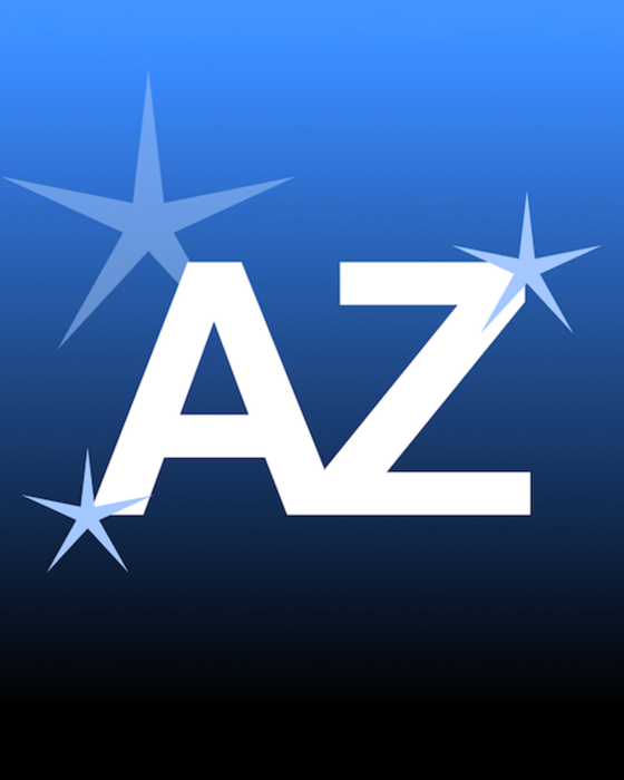 White letters "AZ" with three light blue starbursts on a blue gradient background.