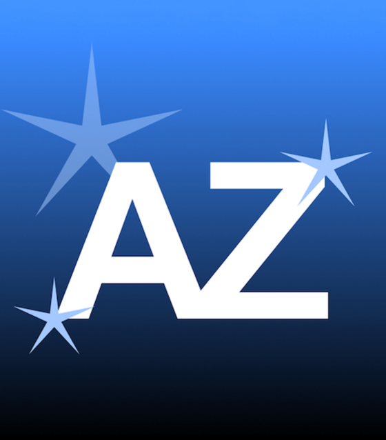 White letters "AZ" with three light blue starbursts on a blue gradient background.