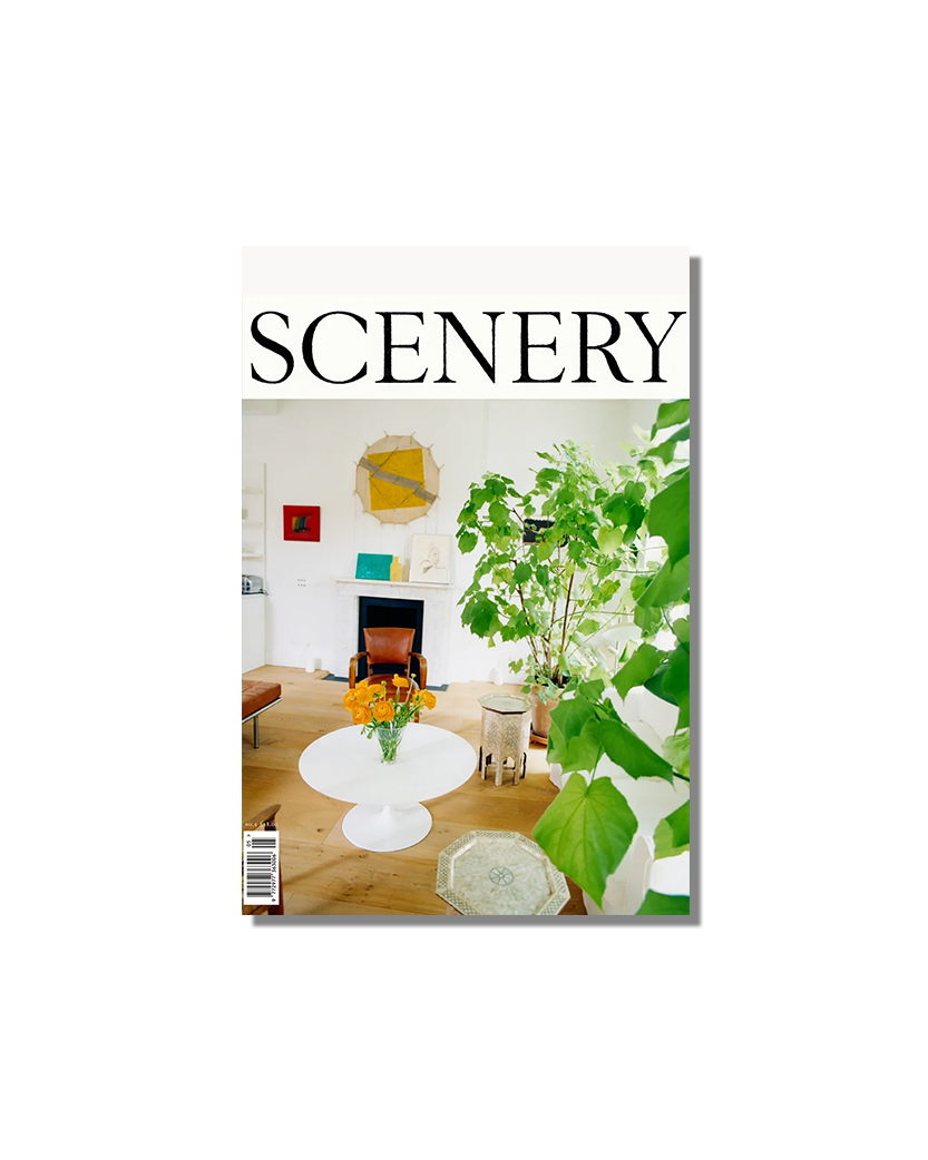SCENERY magazine cover featuring a bright living room with a white coffee table, orange flowers, and large green plants.
