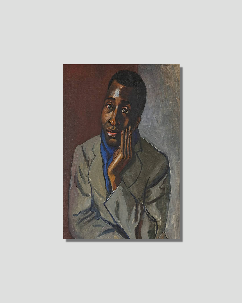 Painting of a Black man in a grey jacket and blue scarf, resting his hand on his chin.