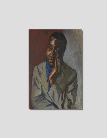 Painting of a Black man in a grey jacket and blue scarf, resting his hand on his chin.