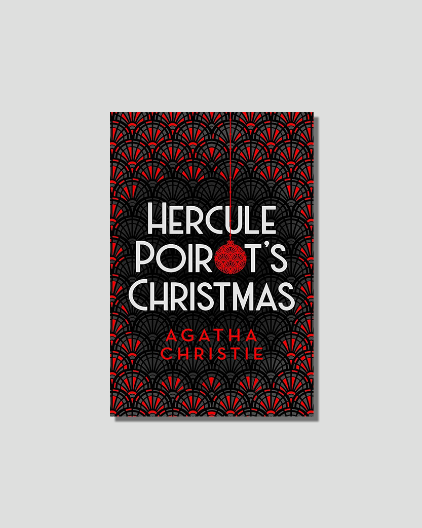 Book cover for "Hercule Poirot's Christmas" by Agatha Christie, featuring a black and red Art Deco fan pattern, white title text, and a red Christmas ornament replacing the apostrophe in "Poirot's".