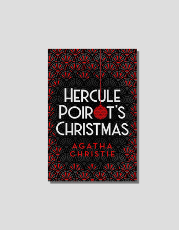 Book cover for "Hercule Poirot's Christmas" by Agatha Christie, featuring a black and red Art Deco fan pattern, white title text, and a red Christmas ornament replacing the apostrophe in "Poirot's".