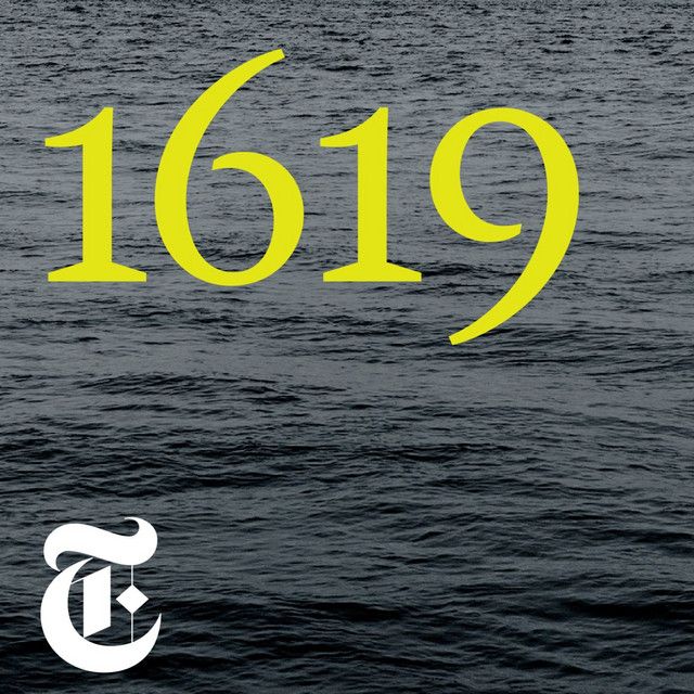 Yellow "1619" text over dark rippling water with The New York Times logo.