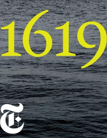 Yellow "1619" text over dark rippling water with The New York Times logo.