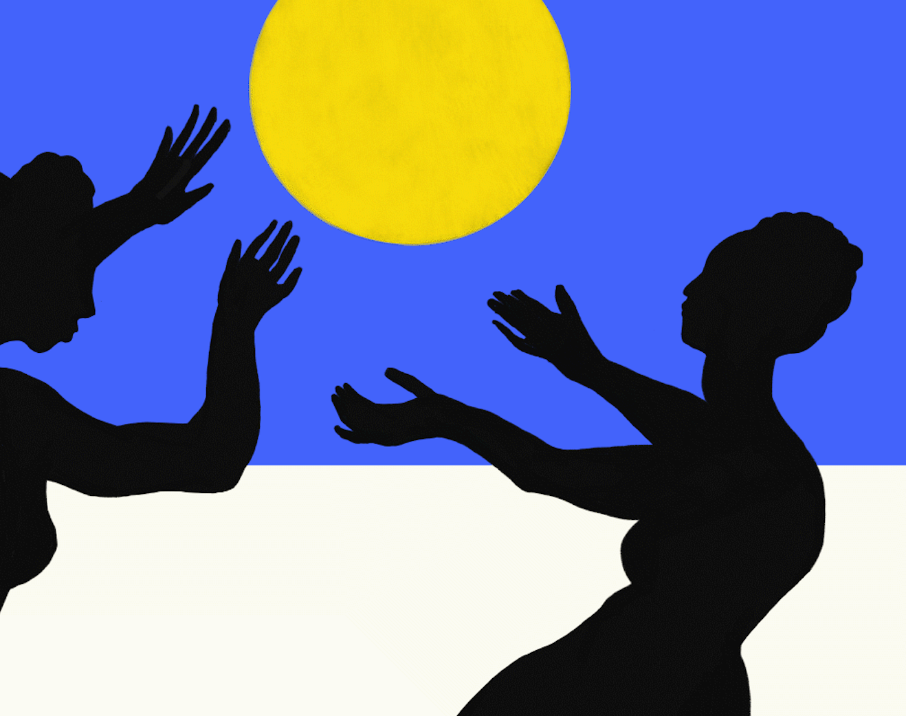 Silhouettes of two women reaching for a large yellow sun against a blue sky and white ground.