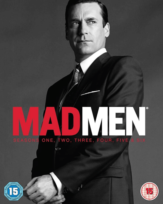 Black and white Mad Men Seasons 1-6 Blu-ray cover featuring Jon Hamm as Don Draper in a suit.
