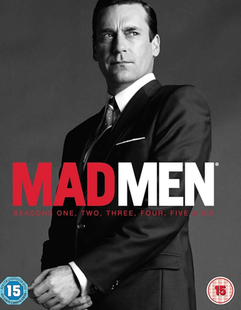 Black and white Mad Men Seasons 1-6 Blu-ray cover featuring Jon Hamm as Don Draper in a suit.