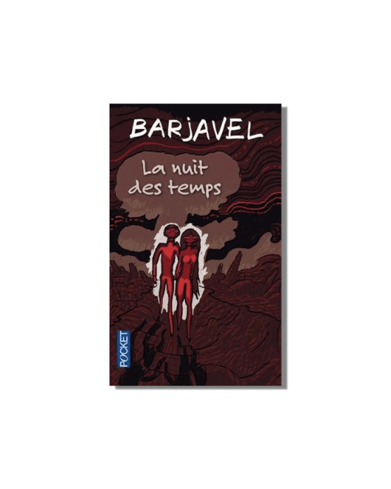 Book cover for Barjavel's "La nuit des temps," depicting two red, human-like figures glowing against a dark, desolate landscape.