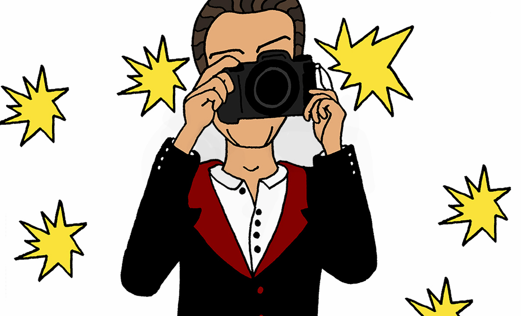 A cartoon person in a suit holds a camera to their face, surrounded by yellow flash effects.