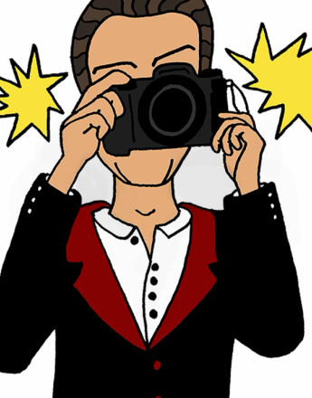 A cartoon person in a suit holds a camera to their face, surrounded by yellow flash effects.
