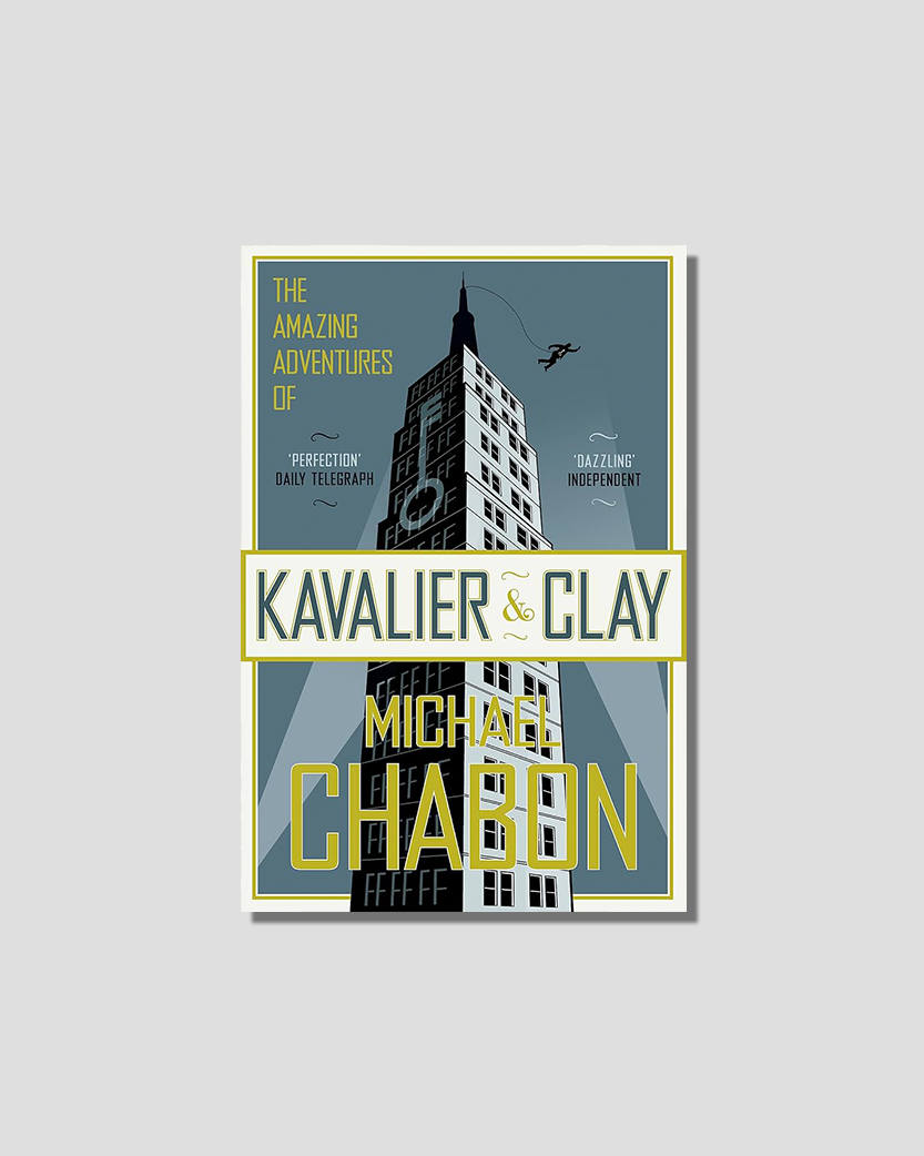 Book cover for "The Amazing Adventures of Kavalier & Clay" by Michael Chabon, featuring an art deco skyscraper and a swinging figure.