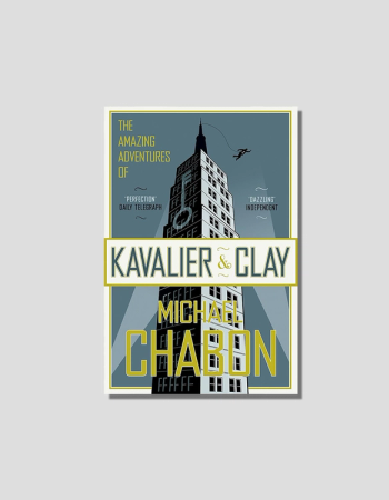 Book cover for "The Amazing Adventures of Kavalier & Clay" by Michael Chabon, featuring an art deco skyscraper and a swinging figure.