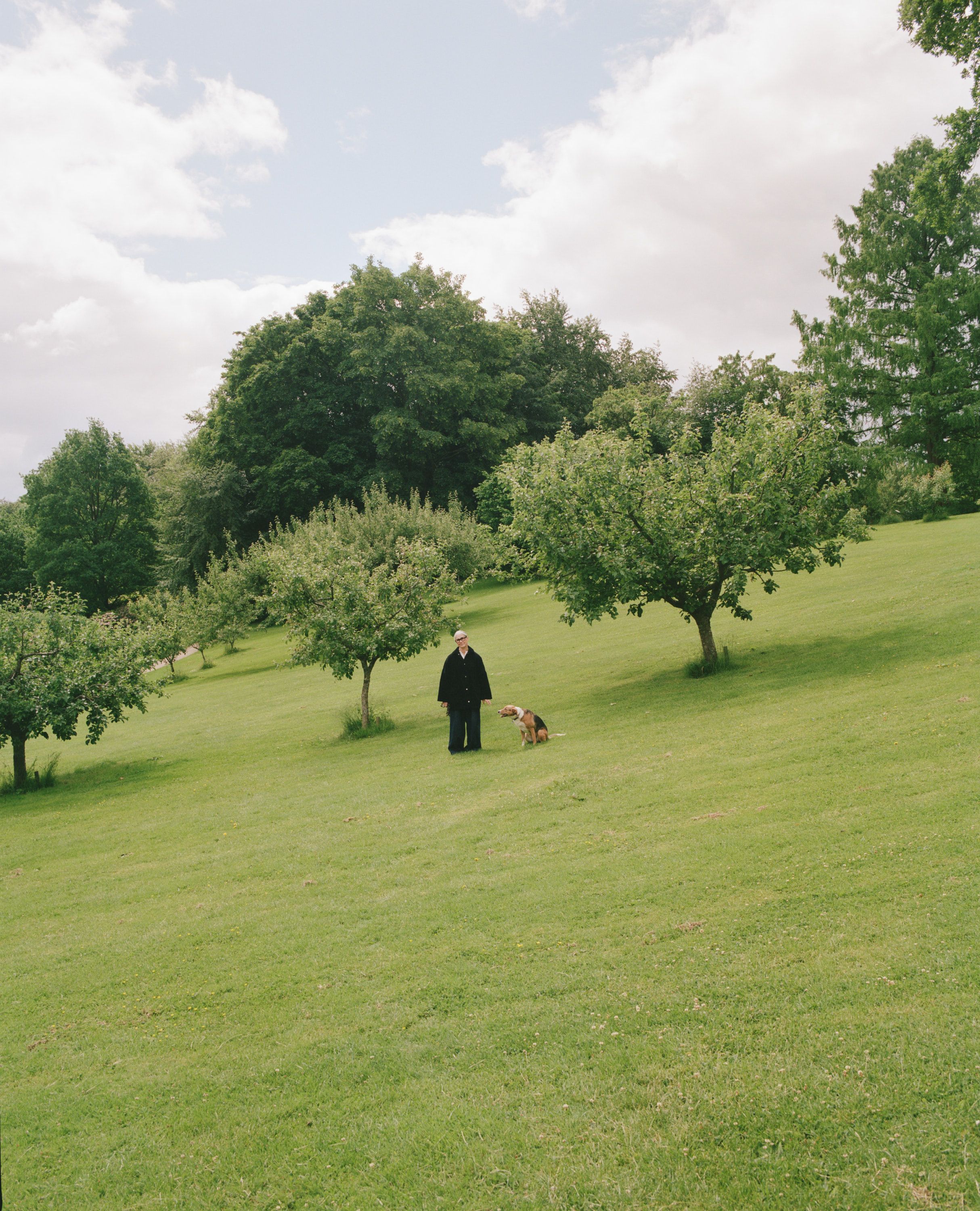 A person in dark clothing stands with a beagle on a green hillside with trees under a cloudy sky.