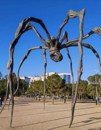 A massive bronze spider sculpture with an egg sac hangs underneath, standing in a park against a blue sky.