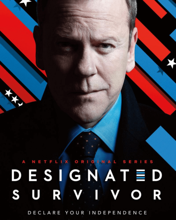 Kiefer Sutherland in a suit and tie on the "Designated Survivor" series poster, with a patriotic red and blue striped background and stars.
