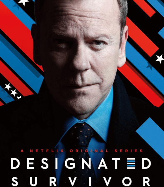 Kiefer Sutherland in a suit and tie on the "Designated Survivor" series poster, with a patriotic red and blue striped background and stars.