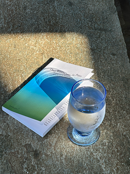 A book with a blue and green cover titled "Thus Waves Come in Pairs" next to a frosted glass of water on a stone surface, lit by sunlight.