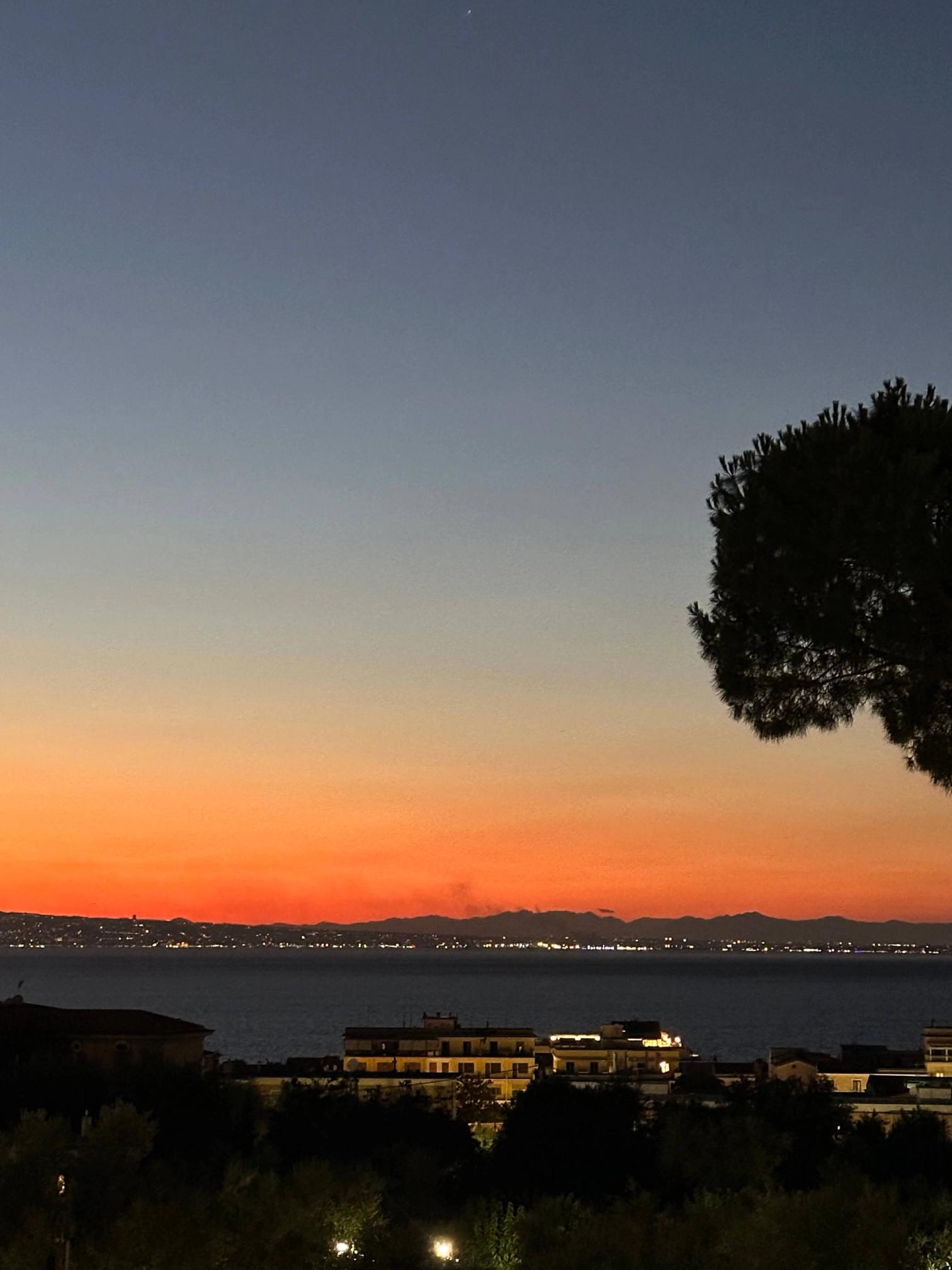 Vibrant orange and blue sunset over a sea, with a distant city skyline and dark foreground buildings and trees.