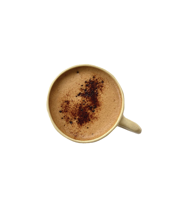 Top-down view of a tan mug holding a frothy brown drink with dark powder sprinkled on top.