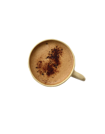 Top-down view of a tan mug holding a frothy brown drink with dark powder sprinkled on top.
