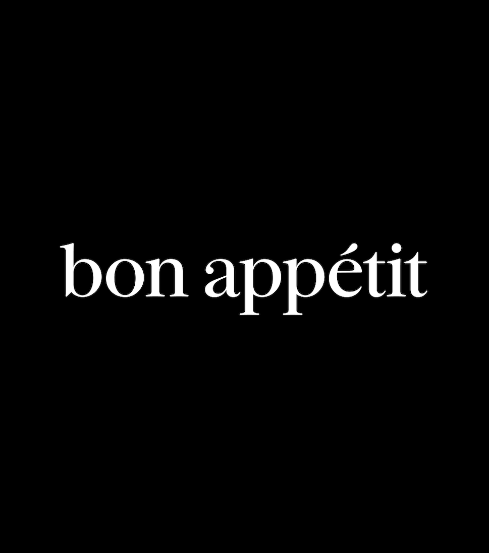 White text "bon appétit" on a black background.