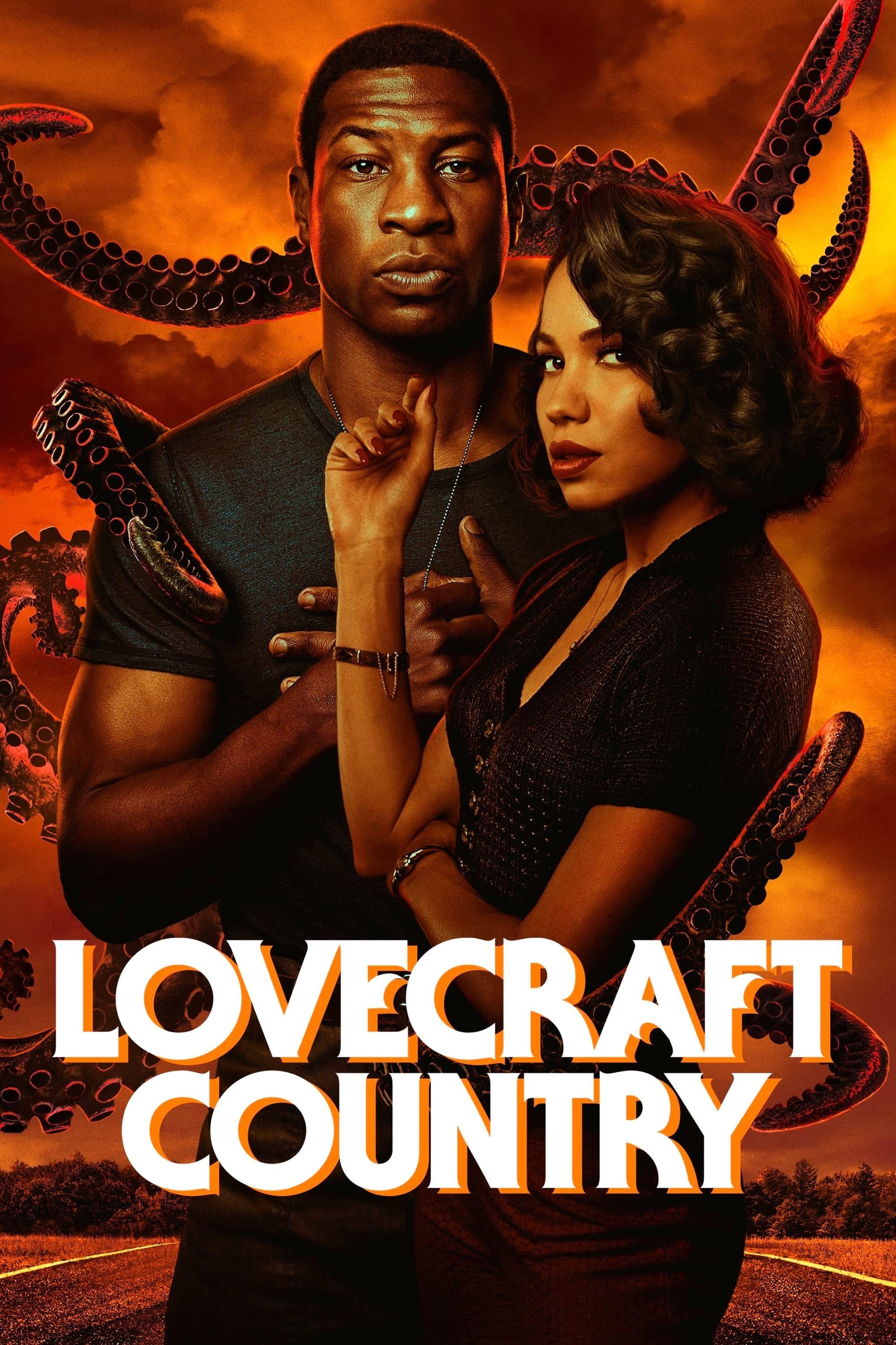 Lovecraft Country poster featuring a Black man and woman against an orange, tentacled sky above a dark road.