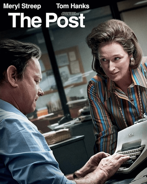 Movie poster for "The Post" showing Meryl Streep looking over Tom Hanks' shoulder as he types on a typewriter.
