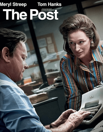 Movie poster for "The Post" showing Meryl Streep looking over Tom Hanks' shoulder as he types on a typewriter.