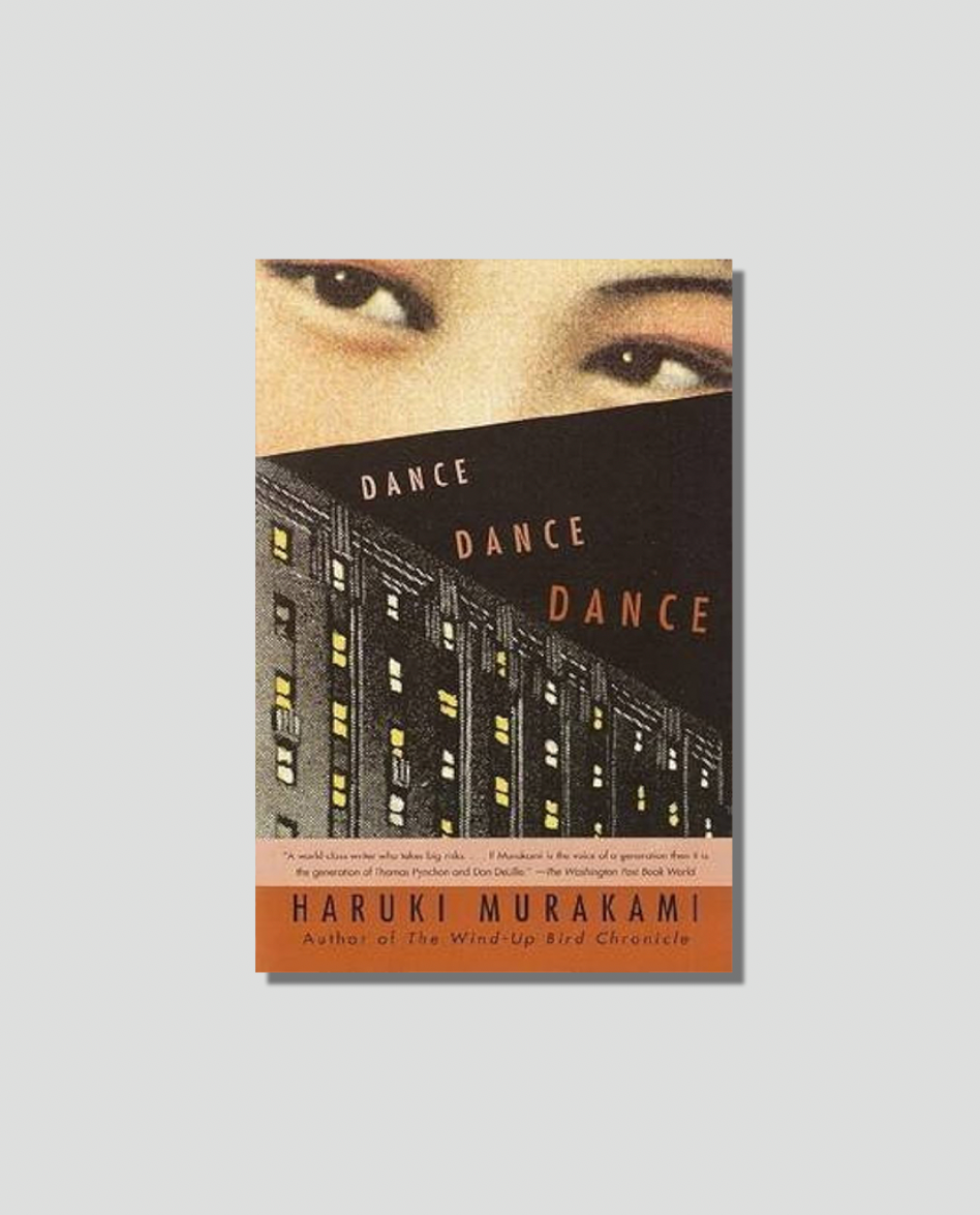 Book cover for Haruki Murakami's 'Dance Dance Dance,' featuring a pair of eyes looking over a dark city building with illuminated windows, and the title repeated three times.