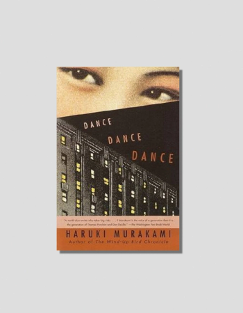 Book cover for Haruki Murakami's 'Dance Dance Dance,' featuring a pair of eyes looking over a dark city building with illuminated windows, and the title repeated three times.