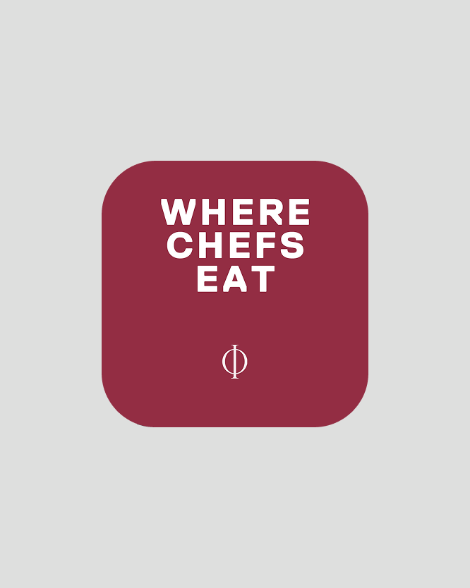 A maroon rounded square on a gray background displays "WHERE CHEFS EAT" in white text, with a white Phi symbol below.