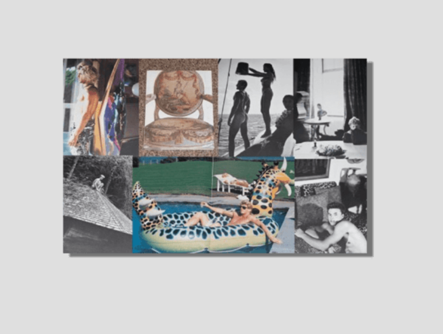 A multi-panel collage featuring a colorful painting of a man, an ornate chair, black-and-white photos of figures, and a color photo of a woman on a giraffe pool float.