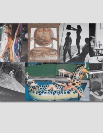 A multi-panel collage featuring a colorful painting of a man, an ornate chair, black-and-white photos of figures, and a color photo of a woman on a giraffe pool float.