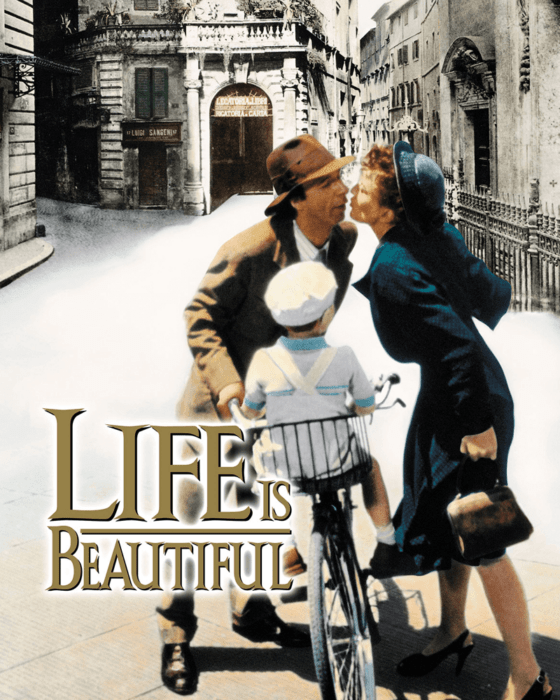 Movie poster for Life is Beautiful featuring a man and woman kissing, a child on a bicycle in front, against a desaturated city street.