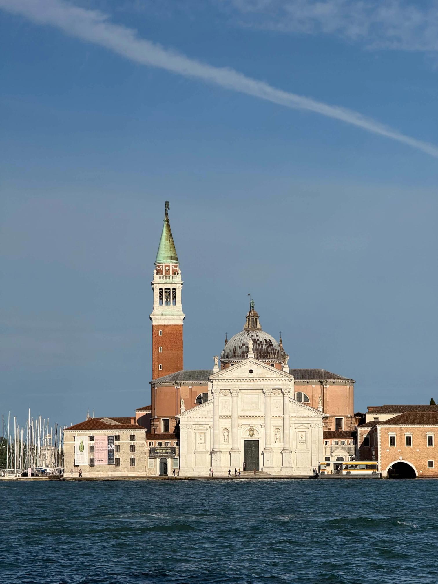 San Giorgio Maggiore church and campanile on an island in the Venetian lagoon.