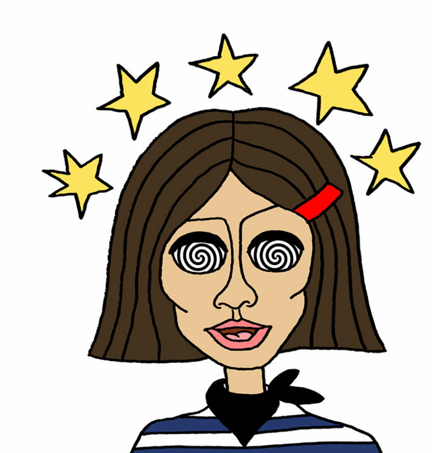Cartoon woman with brown hair, spiral eyes, and yellow stars spinning around her head, appearing dizzy.