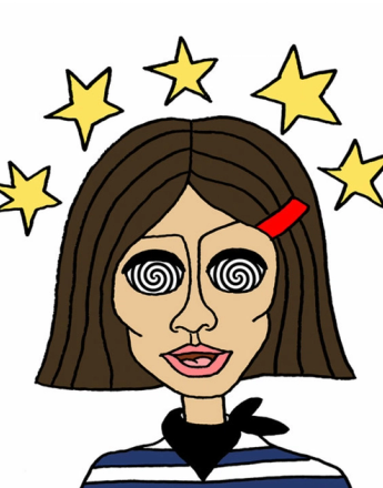 Cartoon woman with brown hair, spiral eyes, and yellow stars spinning around her head, appearing dizzy.