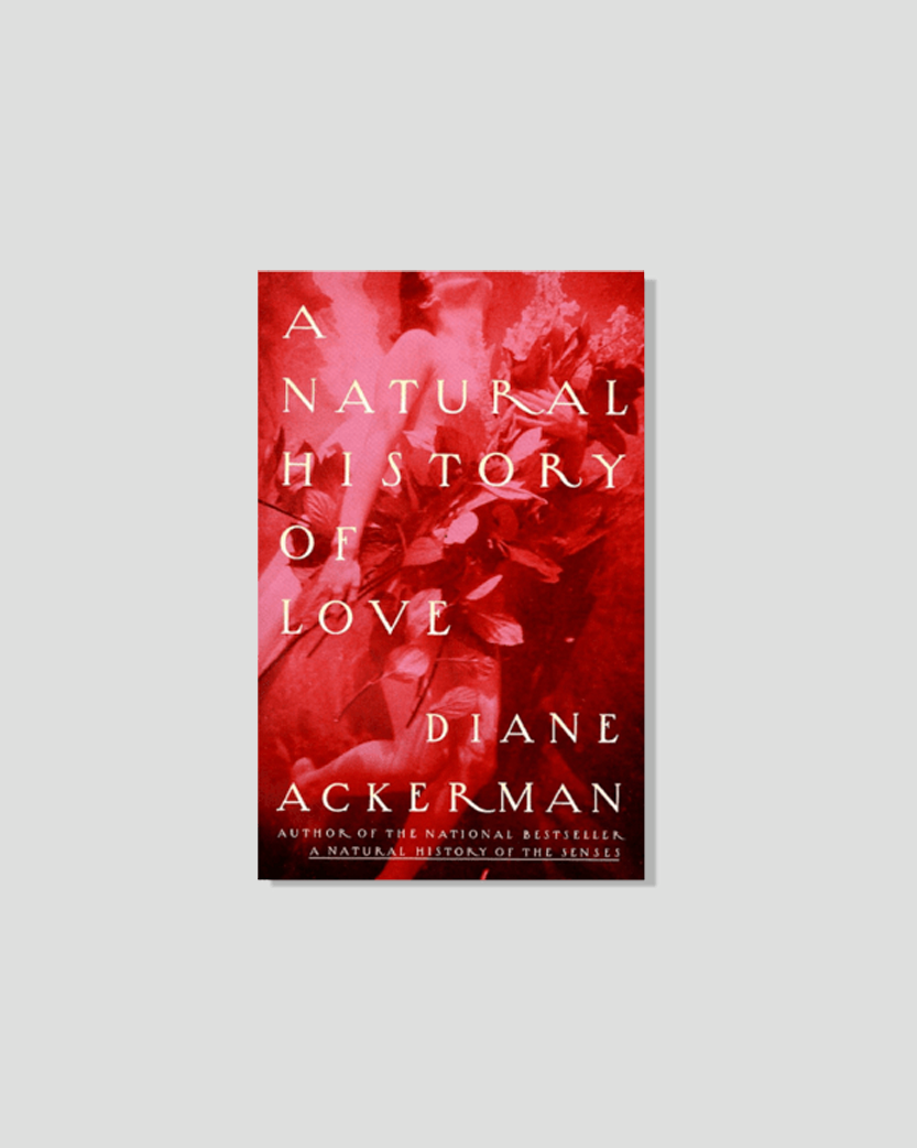 Book cover for A Natural History of Love by Diane Ackerman, with a deep red background featuring a partial classical figure.