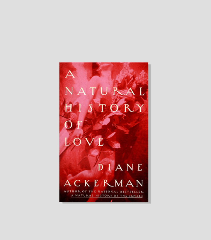 Book cover for A Natural History of Love by Diane Ackerman, with a deep red background featuring a partial classical figure.