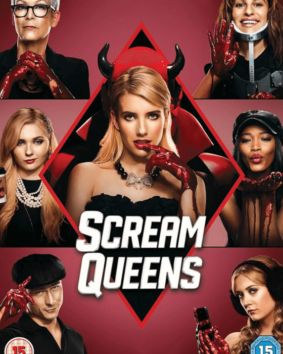 Scream Queens DVD cover featuring Emma Roberts as a devil, surrounded by cast members with bloody hands, on a red background.